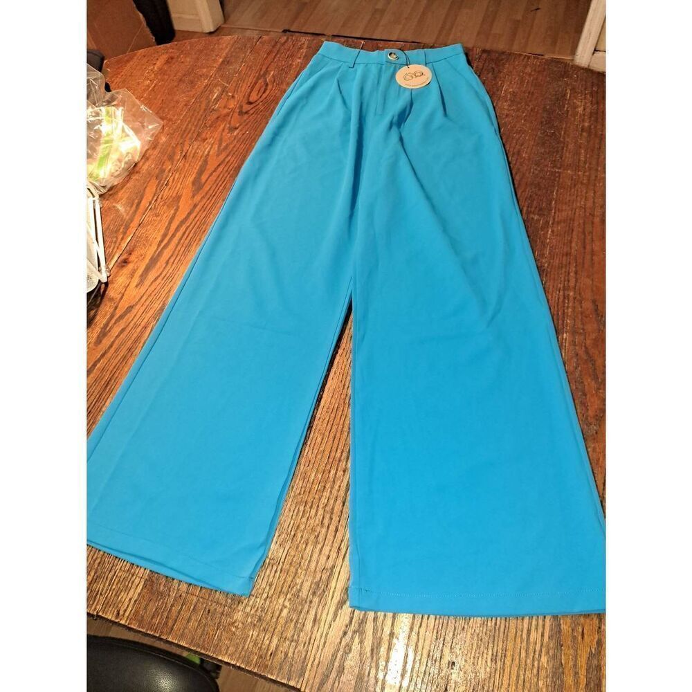 New Aaron & Amber Small Blue Wide Leg High Rise Dress Pants Trousers MAP2118